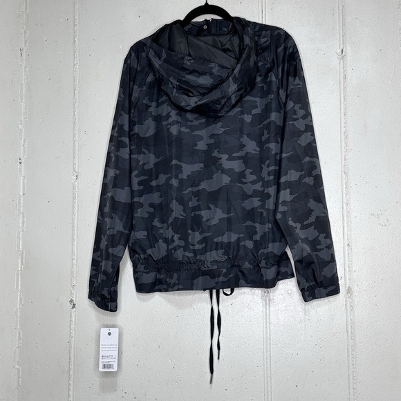 Apana L Black Gray Camo Yoga Jacket Lightweight Hooded Drawstring Waist NEW - Picture 4 of 6